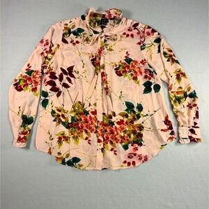 Worthington Womens Floral Tie Neck Ruffle Blouse 1X Pink Romantic Long Sleeve